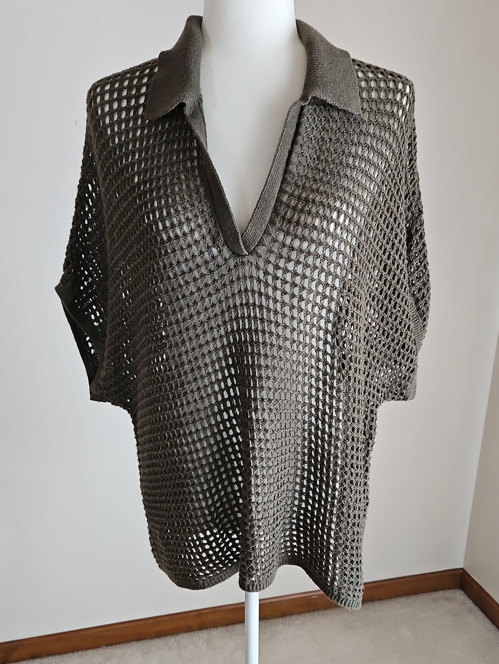 Chicos Popover Top Open Crochet Slouchy Raglan Sleeve Olive Linen Blend Beachy L